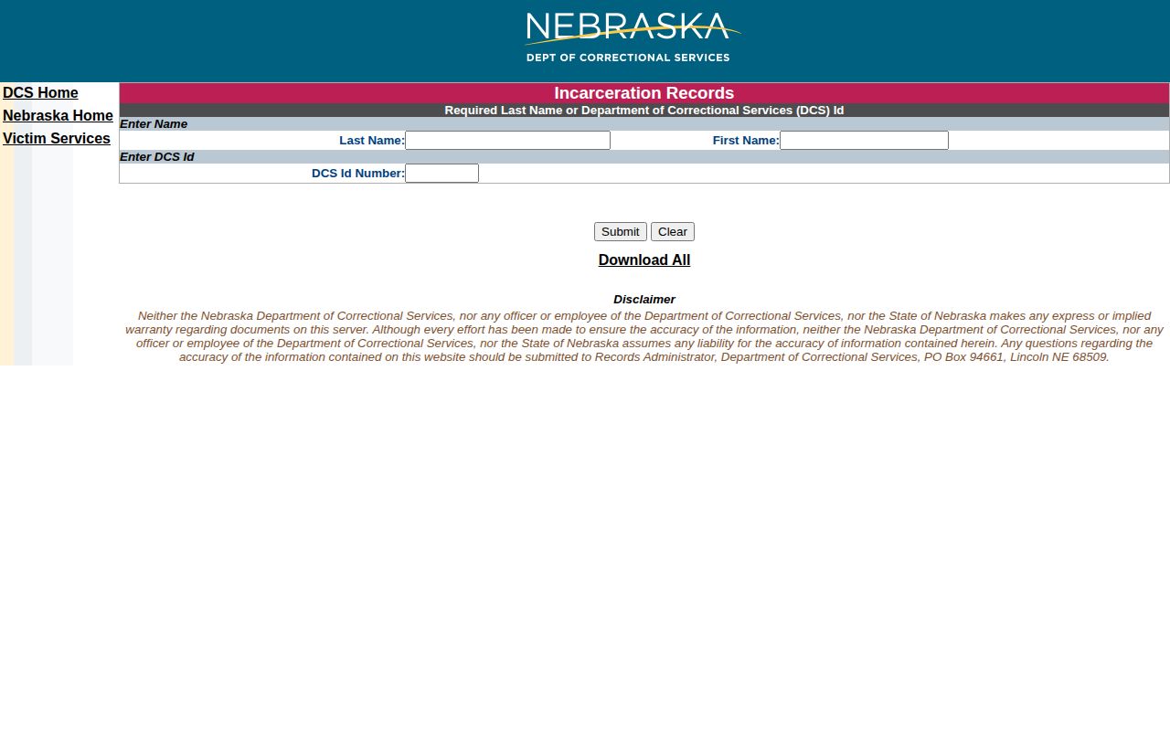 Fillmore County Nebraska state custody record search form